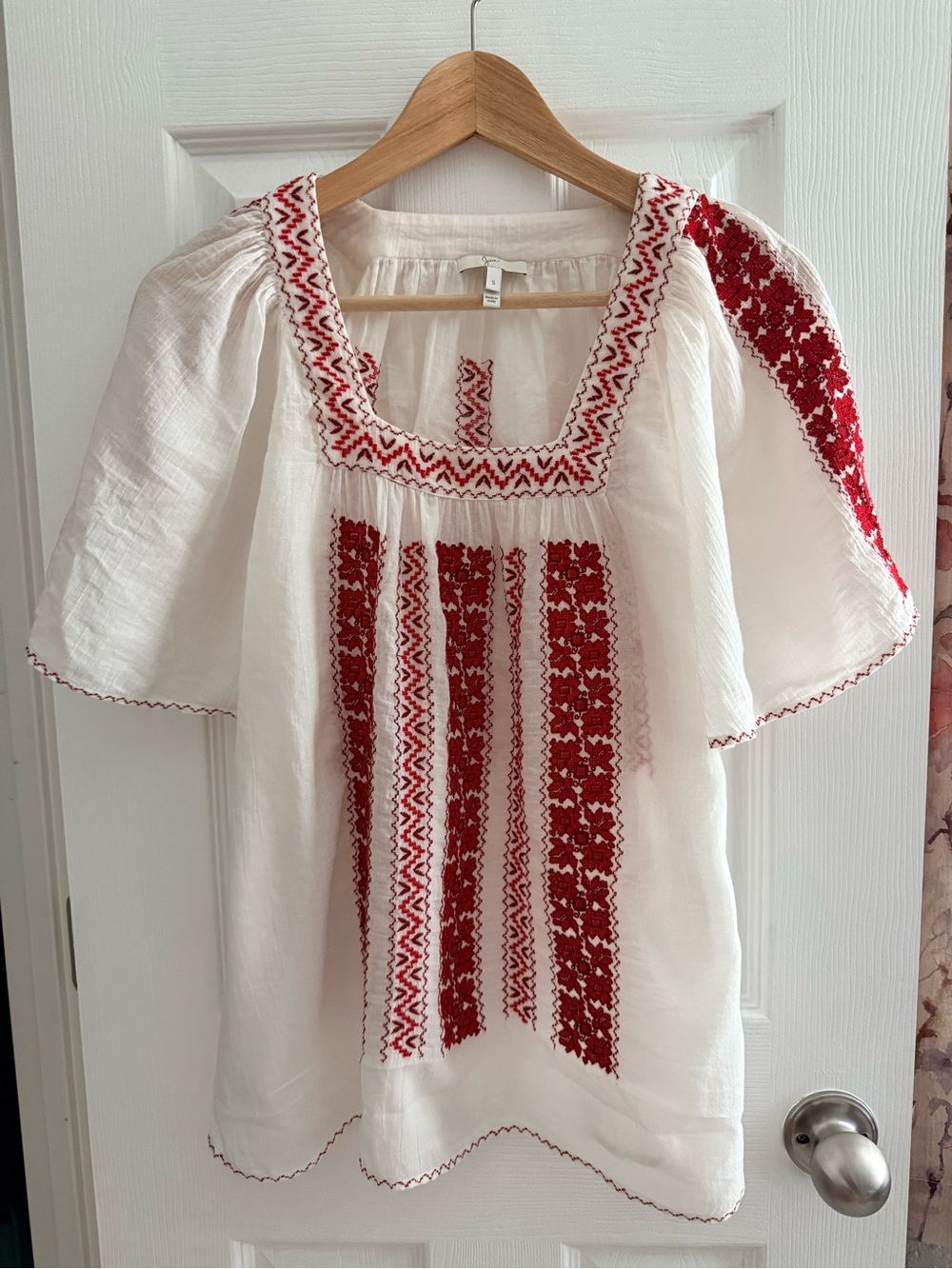 Joie Linen Top with Red Embroidery